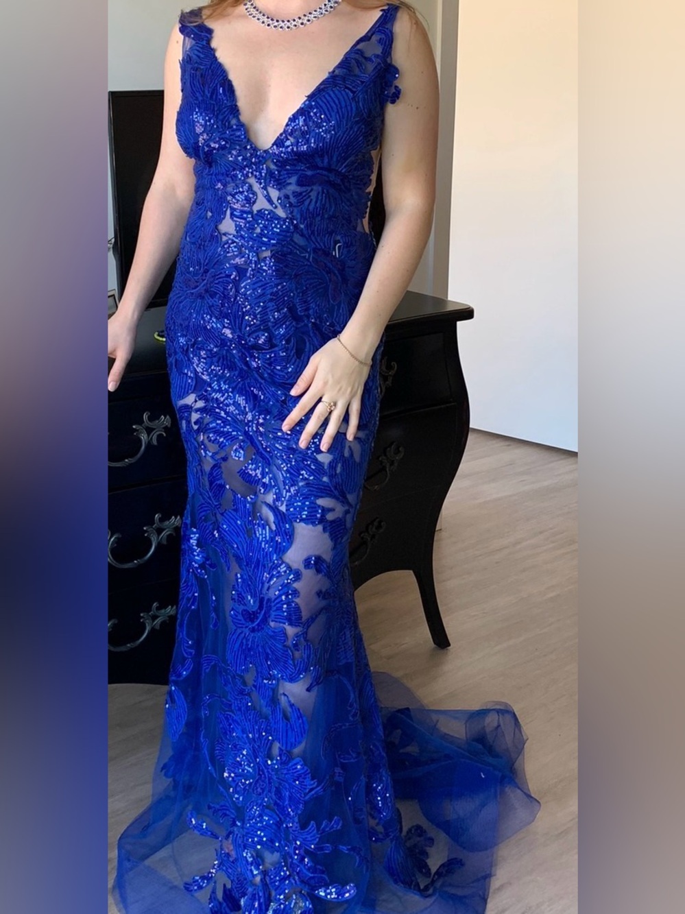 Jovani Royal Blue Beaded Illusion Mermaid Gown